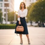 Žena v tmavě modré sukni a bílé košili ve městě za zlaté hodiny s koženou kabelkou a zlatými šperky