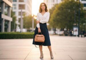 Žena v tmavě modré sukni a bílé košili ve městě za zlaté hodiny s koženou kabelkou a zlatými šperky