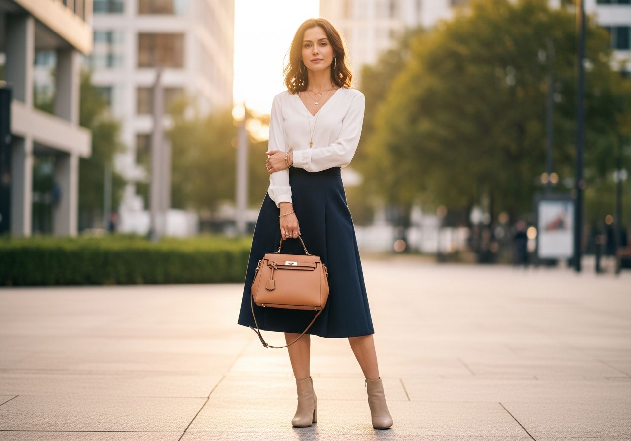 Žena v tmavě modré sukni a bílé košili ve městě za zlaté hodiny s koženou kabelkou a zlatými šperky