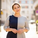 Žena plus size v šatech stojí venku s jemným úsměvem, městské pozadí, přírodní světlo, plná postava.