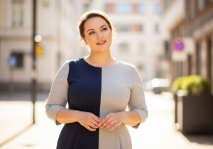 Žena plus size v šatech stojí venku s jemným úsměvem, městské pozadí, přírodní světlo, plná postava.