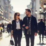 Stylový pár chodí ulicí, usmívají se a komunikují ve městě plném života za slunečného dne.