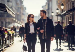 Stylový pár chodí ulicí, usmívají se a komunikují ve městě plném života za slunečného dne.