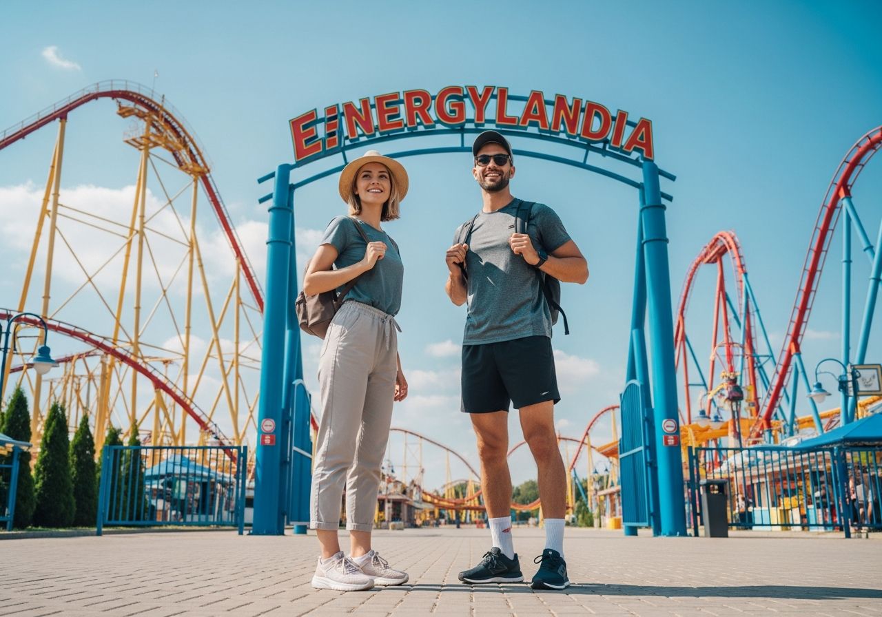 Mladý pár před vstupem do Energylandie v letním oblečení, za nimi horské dráhy a atrakce.