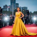 Žena v žlutých šatech na červeném koberci při západu slunce s blesky fotoaparátů kolem