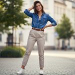 Žena v modré džínové košili a béžových kalhotách na městské ulici s přirozeným světlem