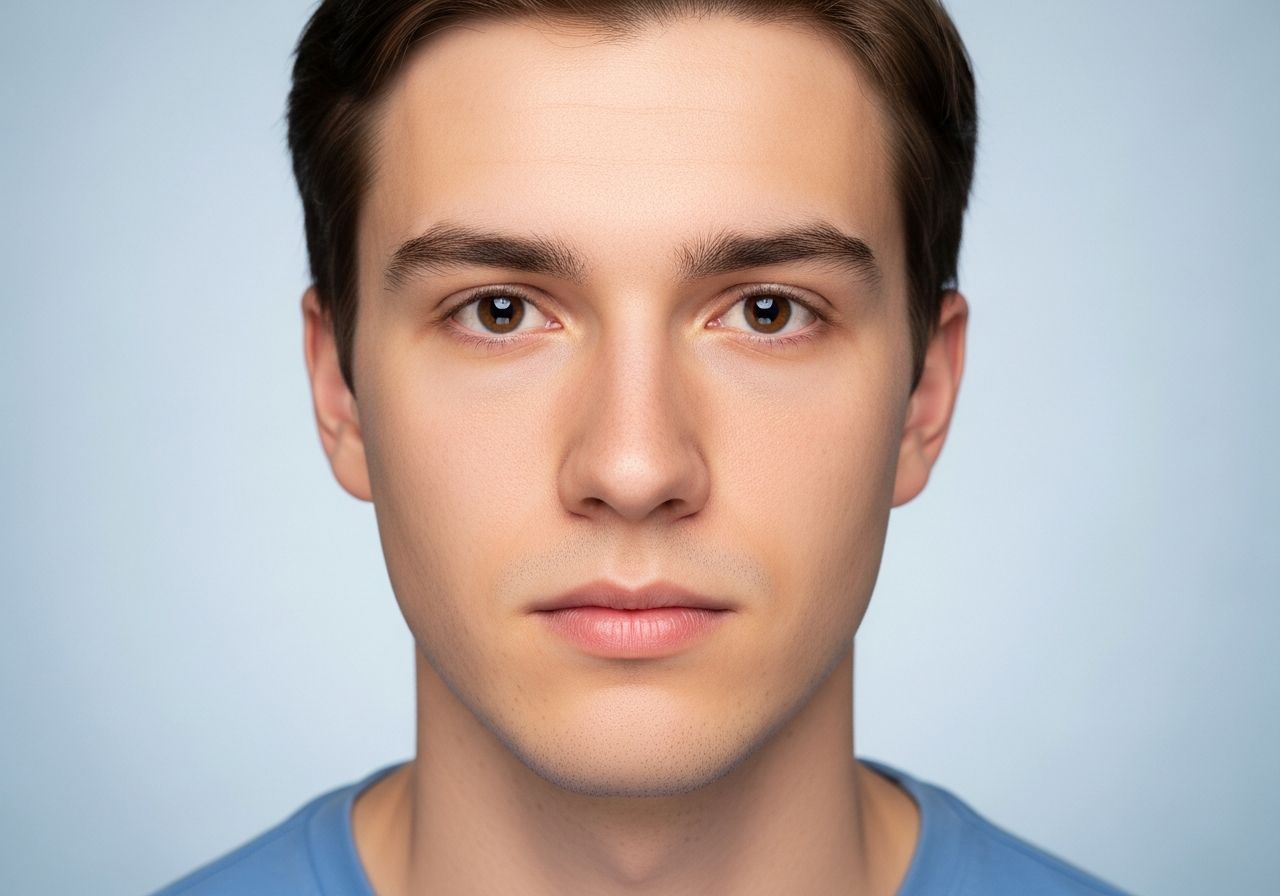 Mladý dospělý čelem k fotoaparátu na modrém pozadí, vhodné pro pasové foto.