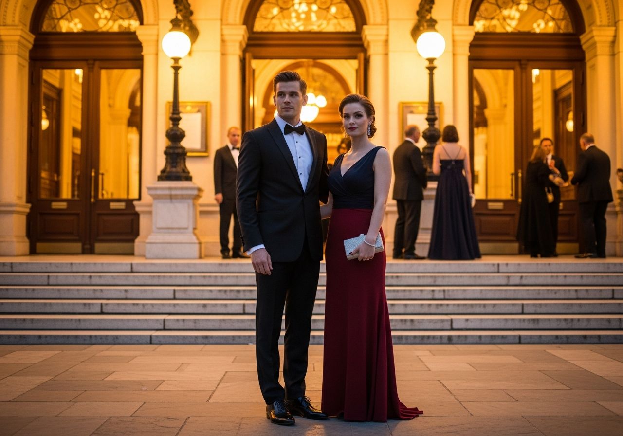 Pár v elegantním oblečení před osvětlenou operou večer s dalšími hosty v pozadí