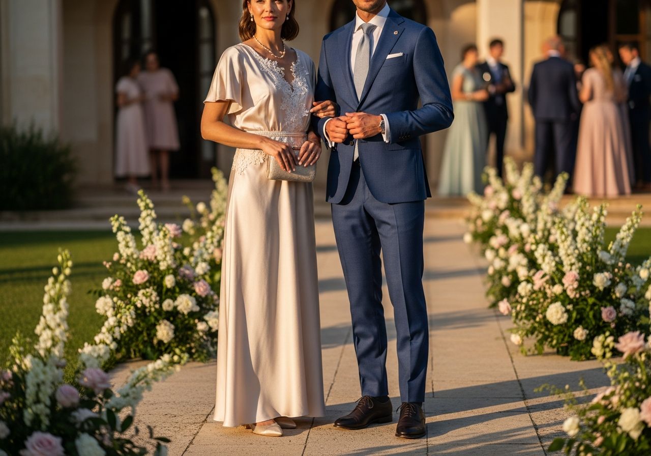Elegantní pár ve svatebním oblečení stojí venku na svatebním místě za zlaté hodiny.