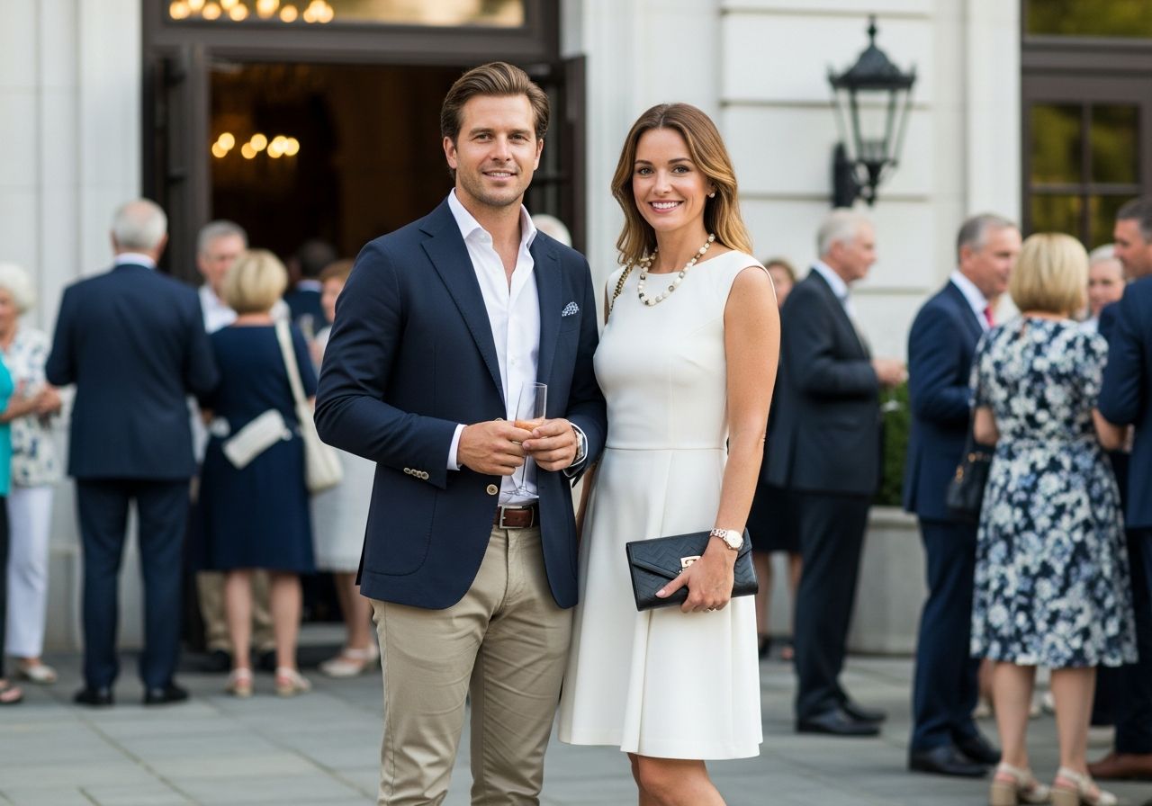 Muž a žena v polozábavném oblečení stojí před elegantním místem během denní společenské akce