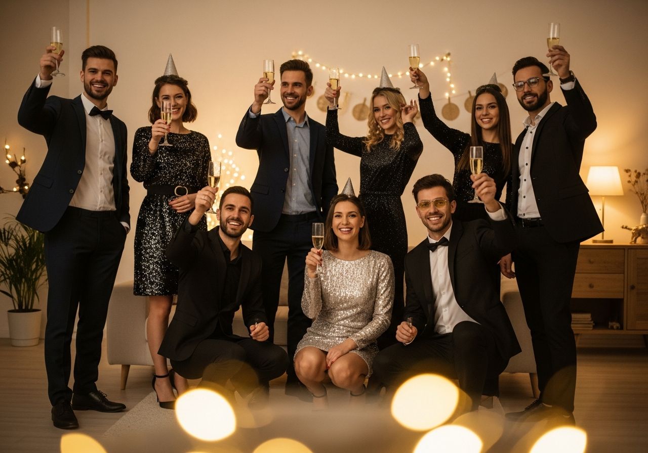 Skupina mladých lidí slaví Silvestr v elegantním oblečení s šampaňským ve světlém obývacím pokoji.