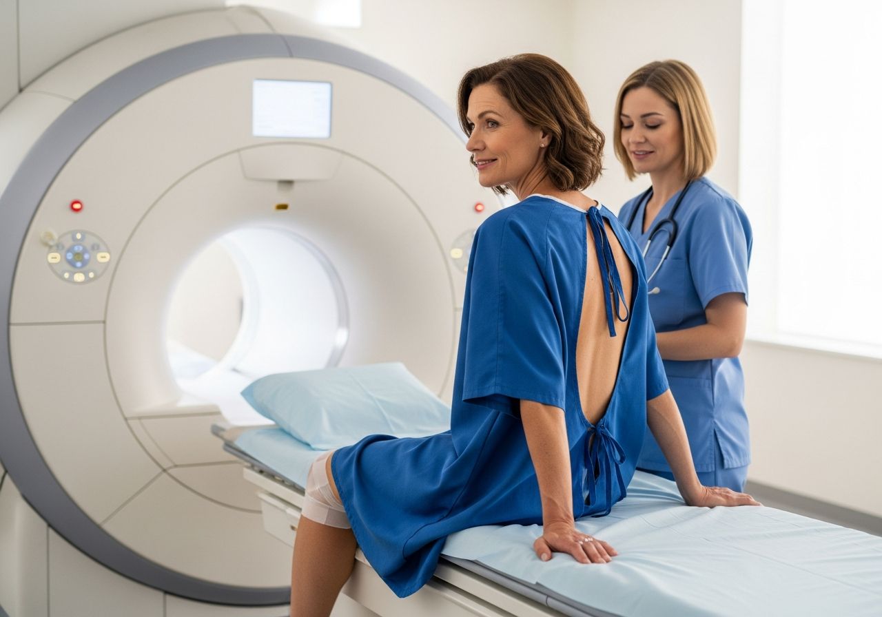 Žena na vyšetřovacím stole připravena na MRI kolena, sestra vysvětluje postup v moderní zdravotnické místnosti