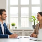 Profesionální pohovor, muž a žena v kanceláři, vedou přátelský rozhovor u stolu.