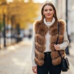 Mladá žena v hnědé kožichové vestě a černých džínách na podzimní ulici města