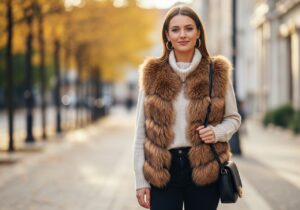 Mladá žena v hnědé kožichové vestě a černých džínách na podzimní ulici města
