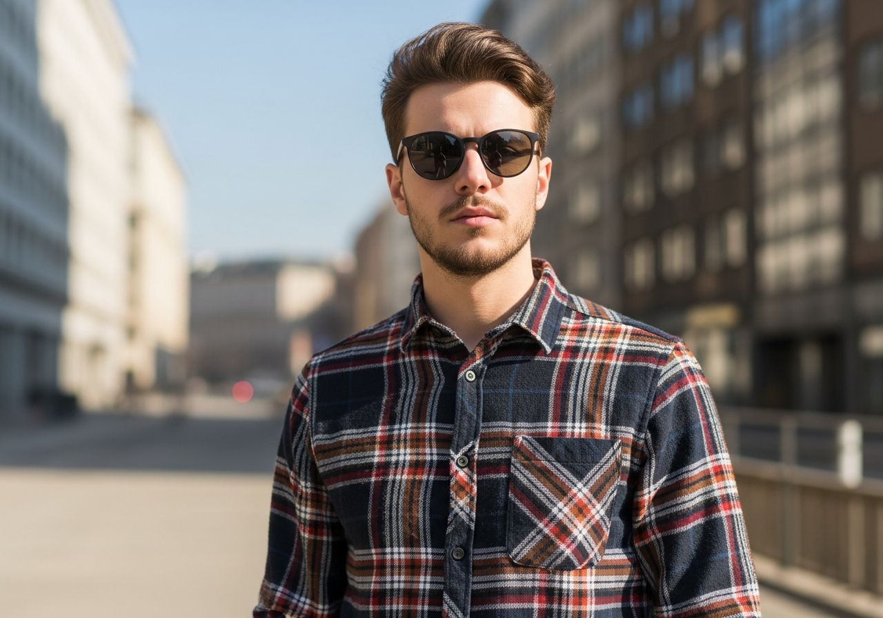 Mladý člověk v kostkované košili ve městě s rozostřeným pozadím v přirozeném světle