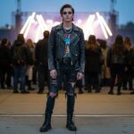 Mladý dospělý u vchodu na rockový koncert ve kožené bundě a džínech večer