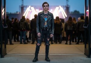Mladý dospělý u vchodu na rockový koncert ve kožené bundě a džínech večer