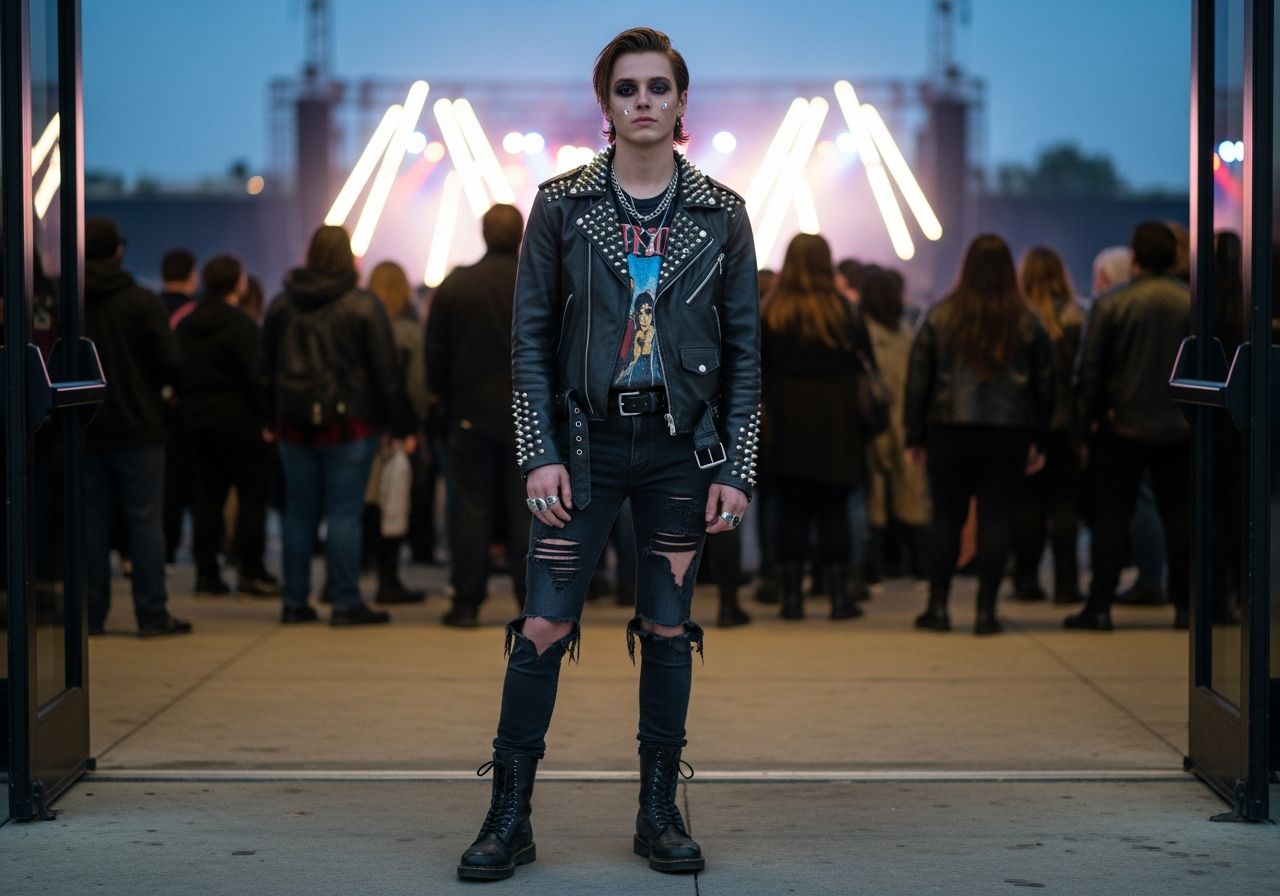 Mladý dospělý u vchodu na rockový koncert ve kožené bundě a džínech večer
