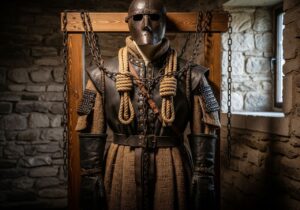 Historický katovský kostým na dřevěném stojanu v místnosti s kamennými zdmi a řetězy.