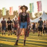 Mladá osoba v barevném kimonu a klobouku na hudebním festivalu za zlaté hodiny slunce.