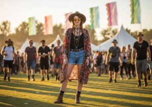 Mladá osoba v barevném kimonu a klobouku na hudebním festivalu za zlaté hodiny slunce.
