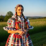 Mladá žena v tradičním šate Christiny stojí na louce za zlaté hodiny s copánky a květinami ve vlasech