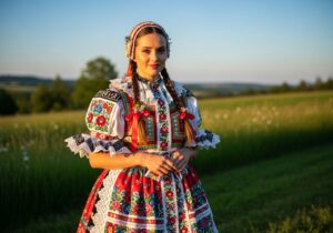Mladá žena v tradičním šate Christiny stojí na louce za zlaté hodiny s copánky a květinami ve vlasech