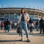 Mladá žena s batohem před stadionem, dav lidí vstupuje na koncert za jasného dne.