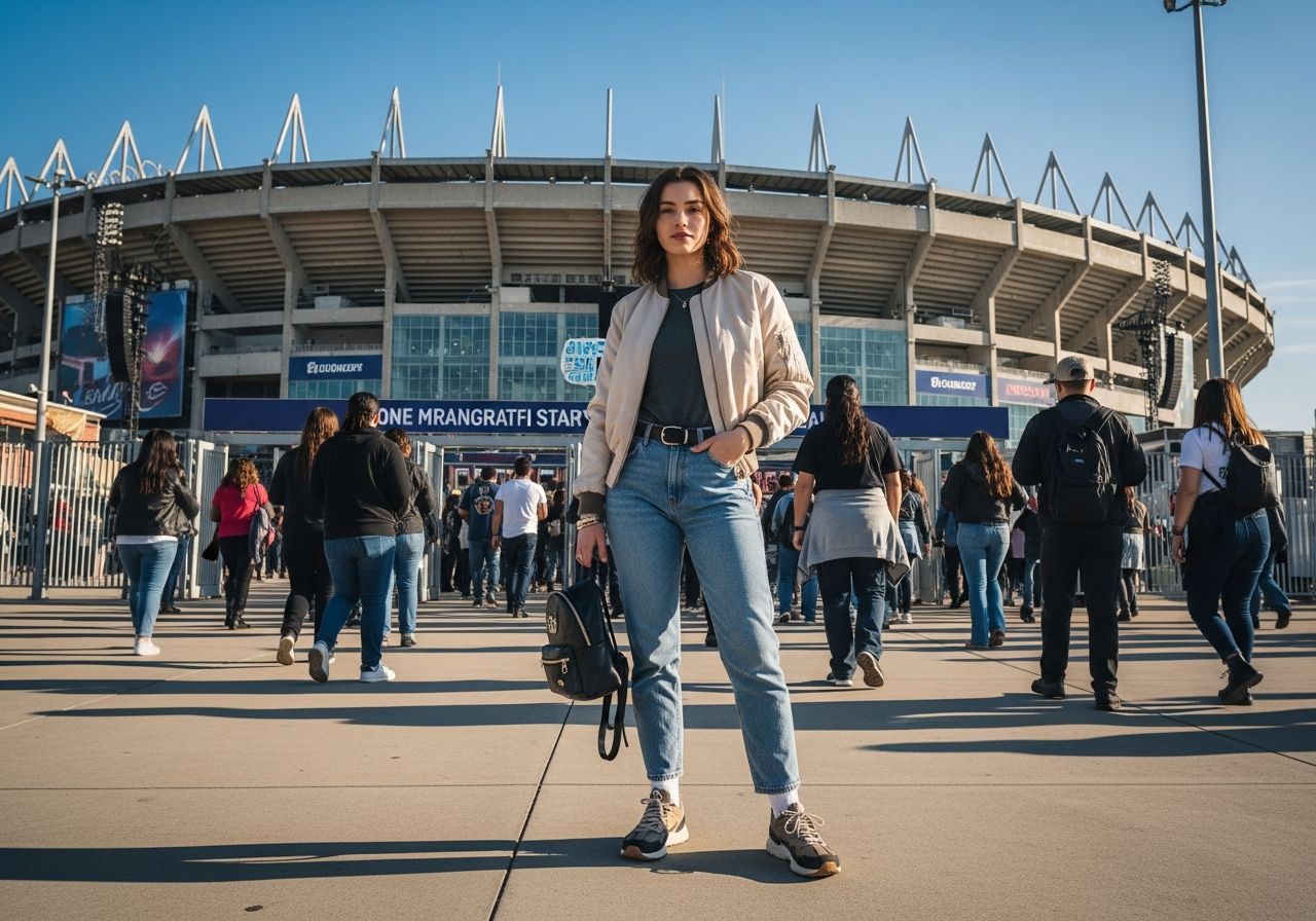 Mladá žena s batohem před stadionem, dav lidí vstupuje na koncert za jasného dne.