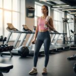 Mladá žena v moderní posilovně v sportovním oblečení drží lahev vody a ručník přes rameno.