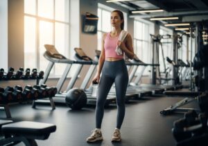 Mladá žena v moderní posilovně v sportovním oblečení drží lahev vody a ručník přes rameno.