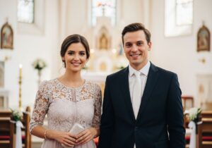 Mladý pár v kostele na křtu, žena v šatech drží kabelku, muž v obleku, oba usmívají.