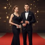 Mladý pár v elegantním oblečení pózuje na červeném koberci s jemným světlem v pozadí.