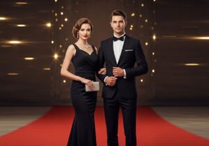 Mladý pár v elegantním oblečení pózuje na červeném koberci s jemným světlem v pozadí.