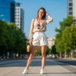 Mladá žena v letním oblečení s kloboukem stojí na městské ulici za slunečného dne