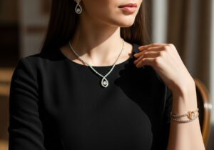 Žena v černých šatech s jemným stříbrným a zlatým šperkem na elegantním pozadí.