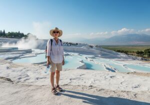 Turista na terasách Pamukkale v Turecku v létě s kloboukem a láhví vody, termální bazény v pozadí.