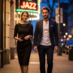 Žena a muž v elegantním oblečení vycházejí večer z jazzového klubu pod neonovým světlem.