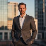 Muž v moderním slim fit obleku stojí ve městě za zlaté hodiny s rukama v kapsách.