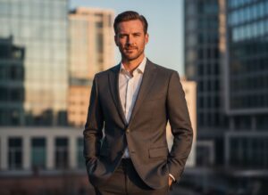 Muž v moderním slim fit obleku stojí ve městě za zlaté hodiny s rukama v kapsách.