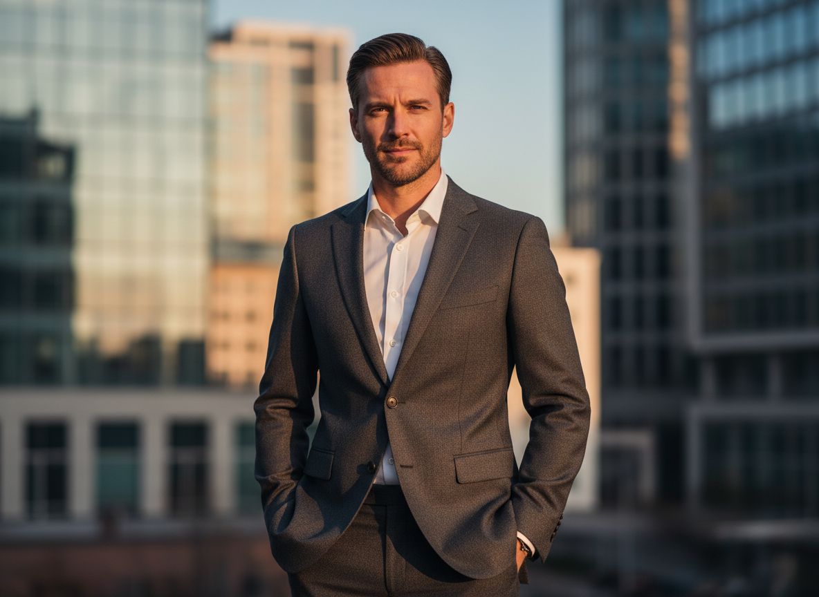 Muž v moderním slim fit obleku stojí ve městě za zlaté hodiny s rukama v kapsách.