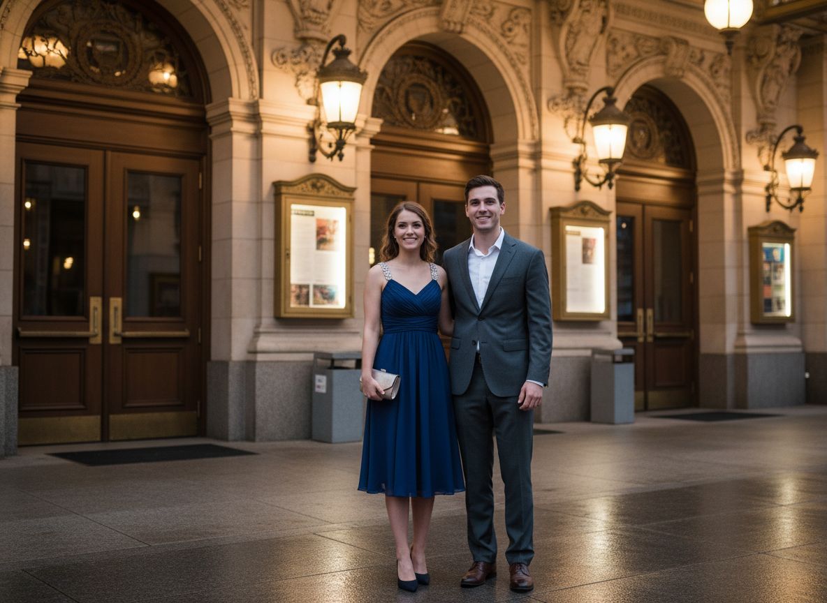 Mladý pár v elegantním oblečení před divadlem večer, připravený na kulturní akci.