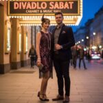 Mladý pár před divadlem Sabat večer v retro stylu s osvětlením a městskou atmosférou