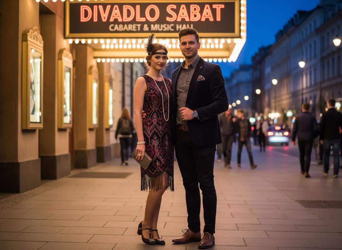 Mladý pár před divadlem Sabat večer v retro stylu s osvětlením a městskou atmosférou