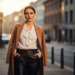 Mladá žena v městě během zlaté hodiny v černých kožených kalhotách a camel kabátu