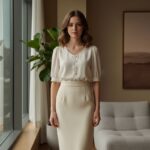 Mladá žena v moderním interiéru u okna v elegantní sukni a lehké blůze s přírodními barvami