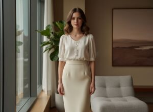 Mladá žena v moderním interiéru u okna v elegantní sukni a lehké blůze s přírodními barvami