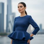 Žena v moderním městském prostředí nosí peplum top zdůrazňující přesýpací hodiny siluetu.