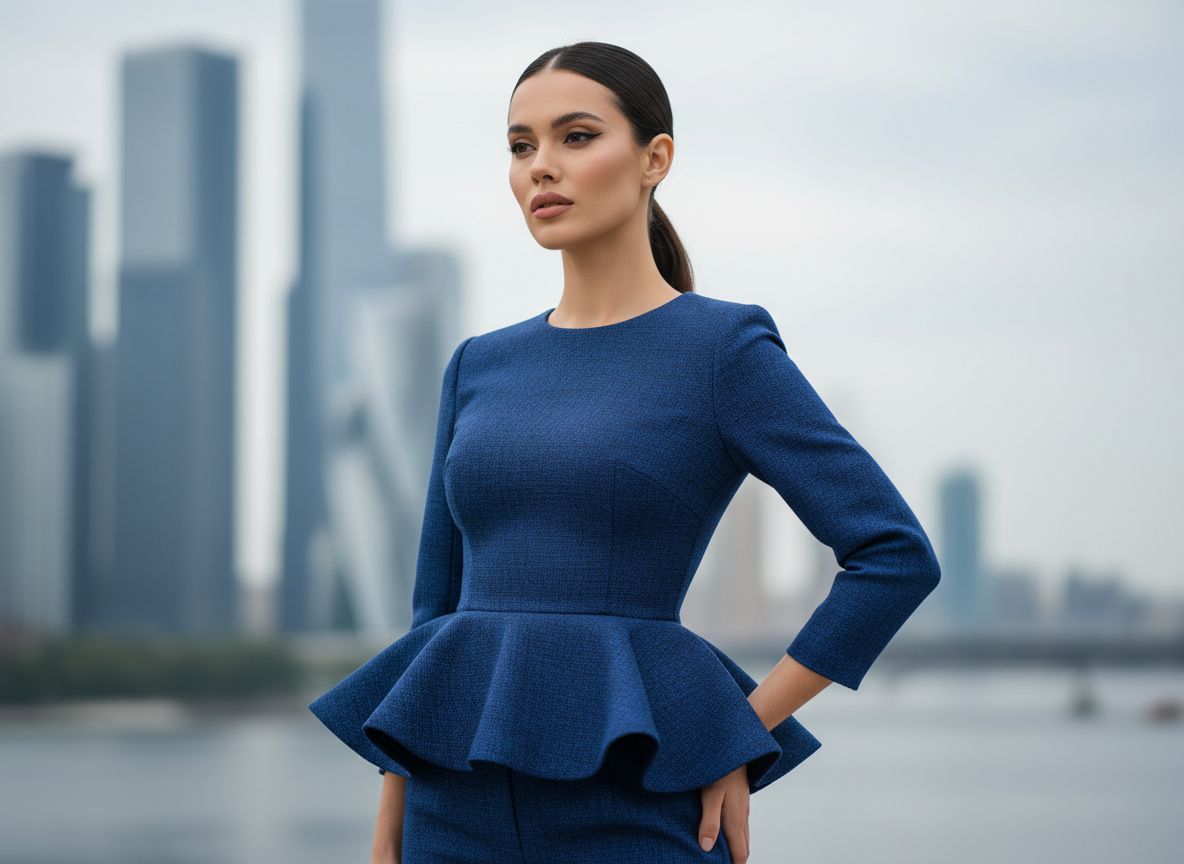 Žena v moderním městském prostředí nosí peplum top zdůrazňující přesýpací hodiny siluetu.